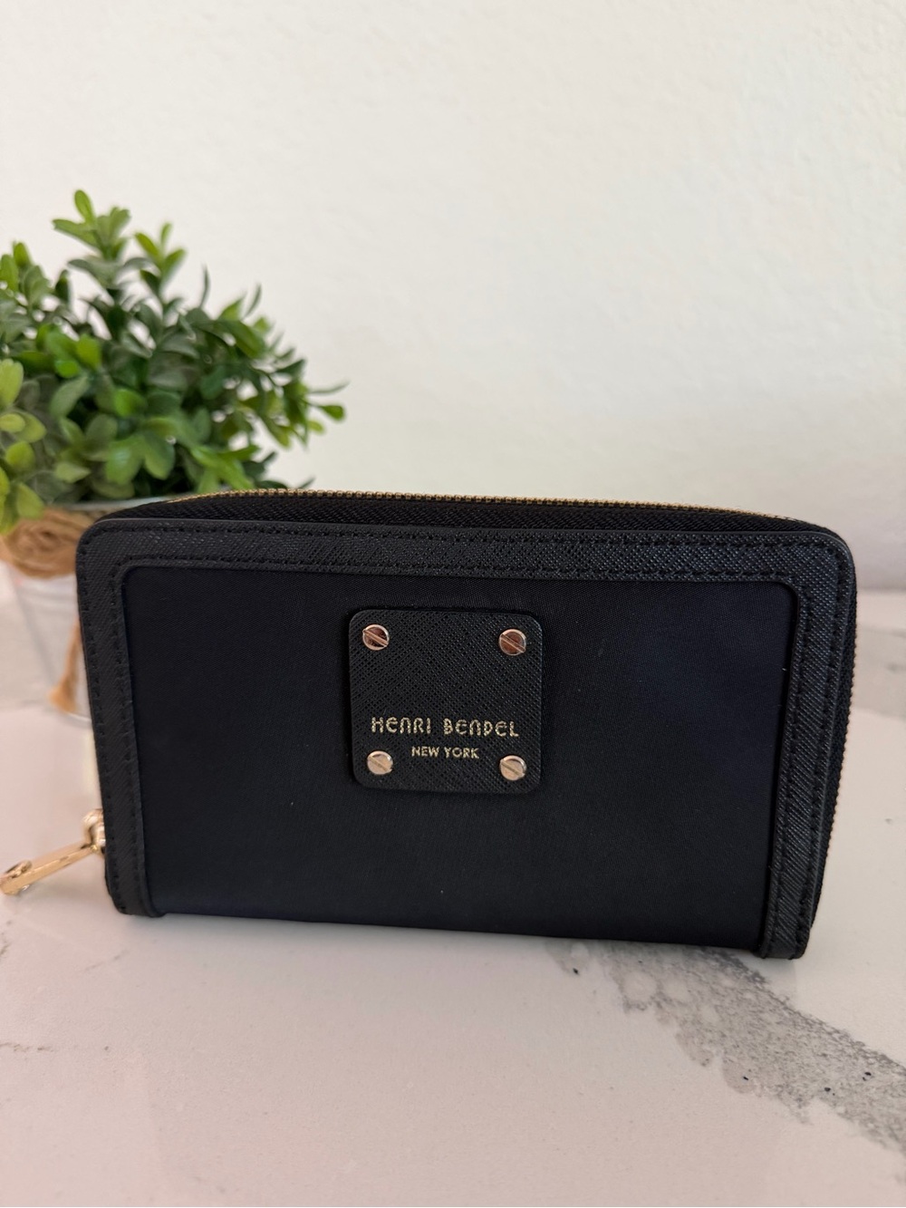 henri bendel Black Zip Around Wallet with Gold Accents